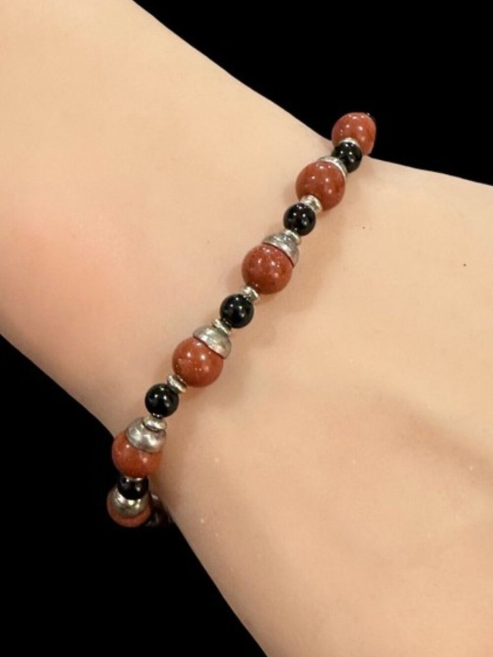 Moonstone Beaded Bracelet Silver Tone Brown Black Toggle Closure Womens Jewelry